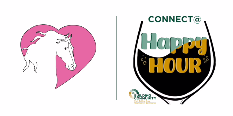 Left: White horse head inside a pink heart. Right: "CONNECT@ Happy Hour" text inside a wine glass, with the Building Community Chamber of Commerce logo at the bottom.