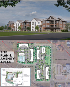 A rendering shows a multi-story apartment building on top, with a colorful site plan and amenity map of a residential development below, detailing future parks, buildings, trails, and nearby Beacon Elementary School.