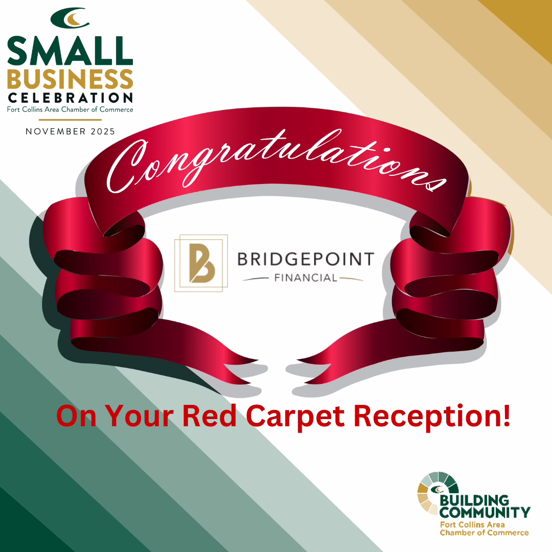 A graphic with a red ribbon reading "Congratulations" above the Bridgepoint Financial logo. Text says "Small Business Celebration November 2023" and "On Your Red Carpet Reception!" Building Community logo in bottom right.