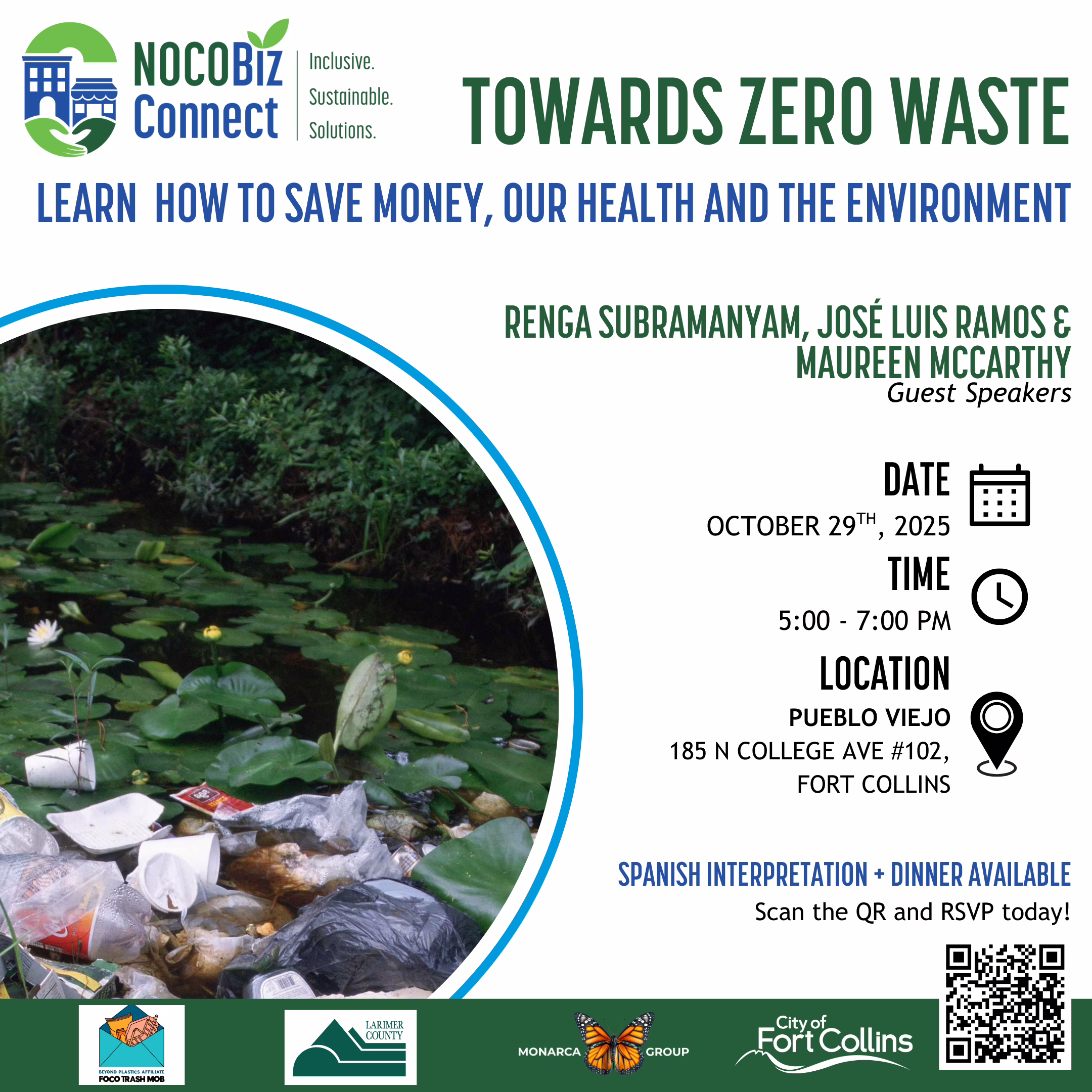 Image promoting a “Towards Zero Waste” event by NOCOBiz Connect, featuring guest speakers, event date (Oct 29, 2025), time (5-7 PM), location, RSVP info, and environmental images of water and trash.