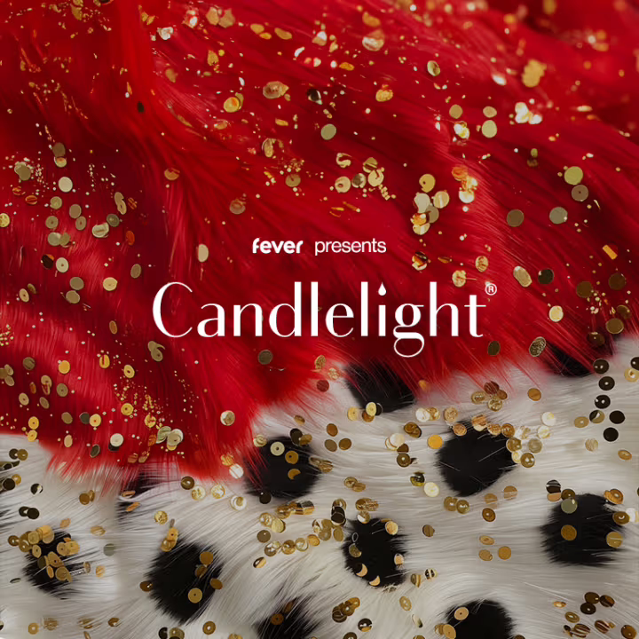Red and white fur with black spots, covered in gold confetti. The text "fever presents Candlelight" is centered over the image.