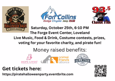 Pirate Radio 93.5 FM Cap’n Sue’s Pirate Halloween Bash and Booty Raiser Sets Sail in Loveland to Benefit Local Charities