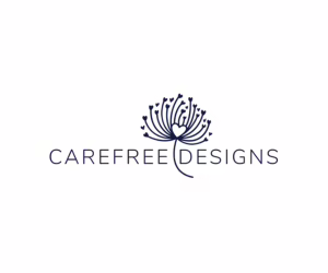Logo for "Carefree Designs" featuring a stylized dandelion seed head with heart-shaped tips above the company name in elegant, uppercase lettering. The design is navy blue on a white background.