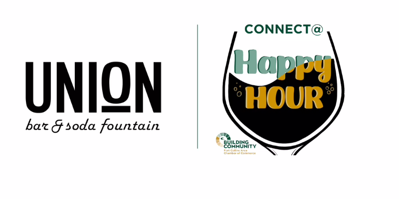 Logo for Union bar & soda fountain on the left; on the right, a wine glass illustration with the words "CONNECT@ Happy Hour" and a small logo for the Building Community Chamber of Commerce.