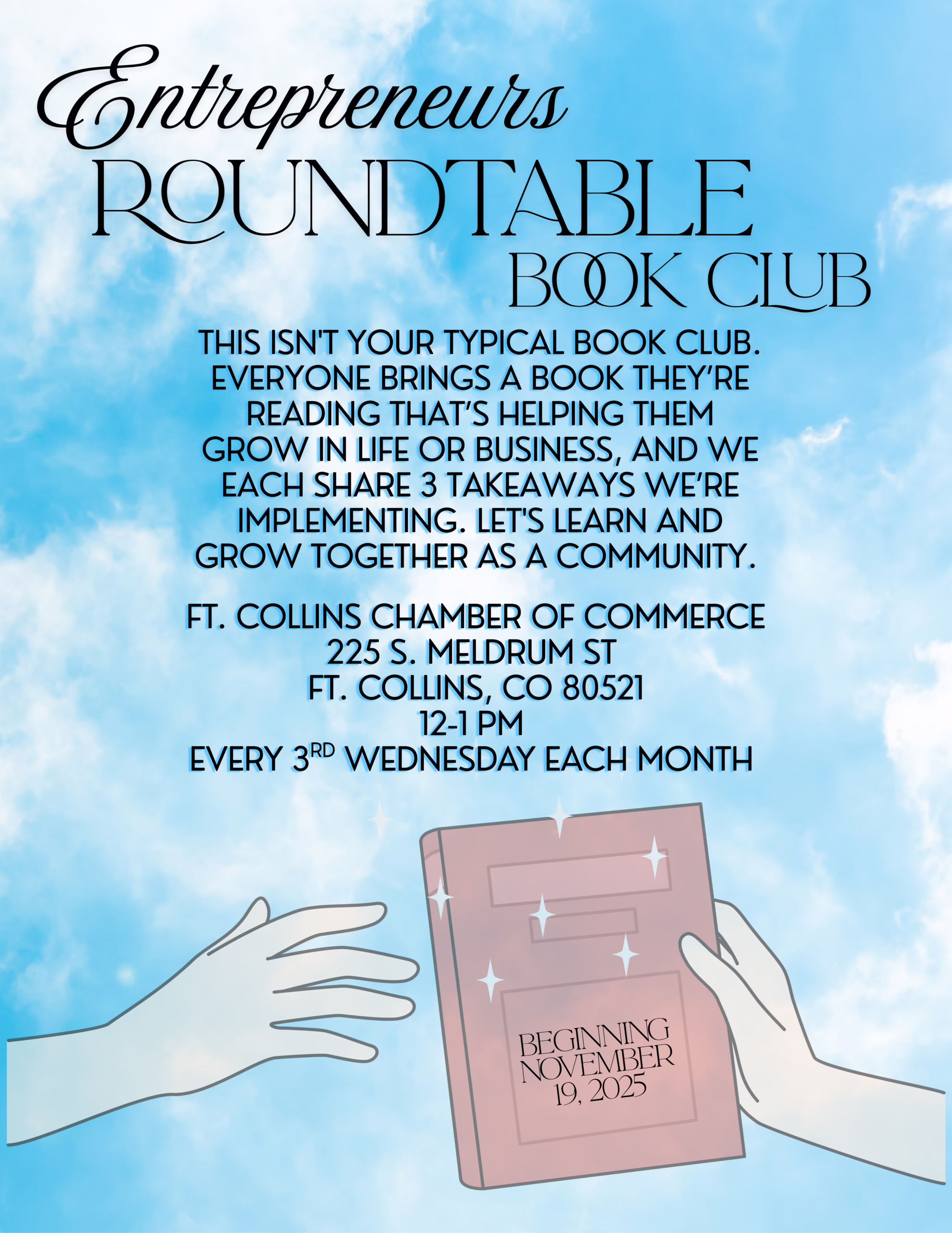 An illustrated flyer for the Entrepreneurs Roundtable Book Club with event details, stylized text, clouds, and two hands holding a book labeled "Beginning November 19, 2025." The background has a soft blue sky with clouds.