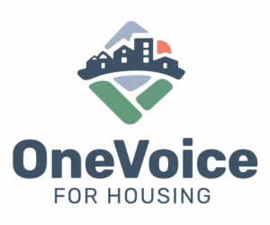 Logo for "OneVoice for Housing" featuring stylized houses above the text, with a green and blue graphic element below that resembles hands holding the buildings.