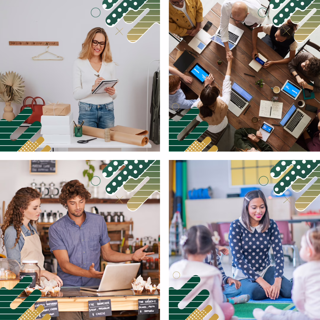 A collage of four images: a smiling woman with a clipboard in a boutique, a team meeting around a table with laptops, two people working at a café counter, and a group sitting in a circle in a casual classroom.