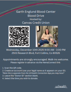 Flyer for a blood drive hosted by Canvas Credit Union at Garth Englund Blood Center on Dec 10, 2025, 9 AM–3 PM in Fort Collins, CO, with sign-up details, a QR code, and a person donating blood.
