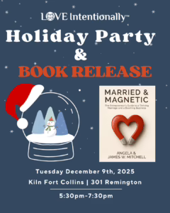 Holiday Party & Book Release event flyer for "Married & Magnetic" by Angela & James W. Mitchell. Includes a snow globe with a snowman in front of mountains, event details, and festive holiday decorations.