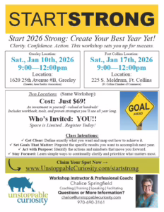 Flyer for the "Start 2026 Strong" workshop with event details, dates, locations, class intentions, and contact info. Main colors: yellow, blue, and black. Organized text with registration information at the bottom.