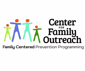 Logo for Center for Family Outreach with four abstract human figures in green and blue, and the text "Family Centered Prevention Programming" below the organization name.