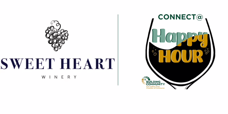 Sweet Heart Winery logo with a grape cluster on the left; on the right, "Connect@ Happy Hour" text inside a wine glass, with "Building Community" logo at the bottom.