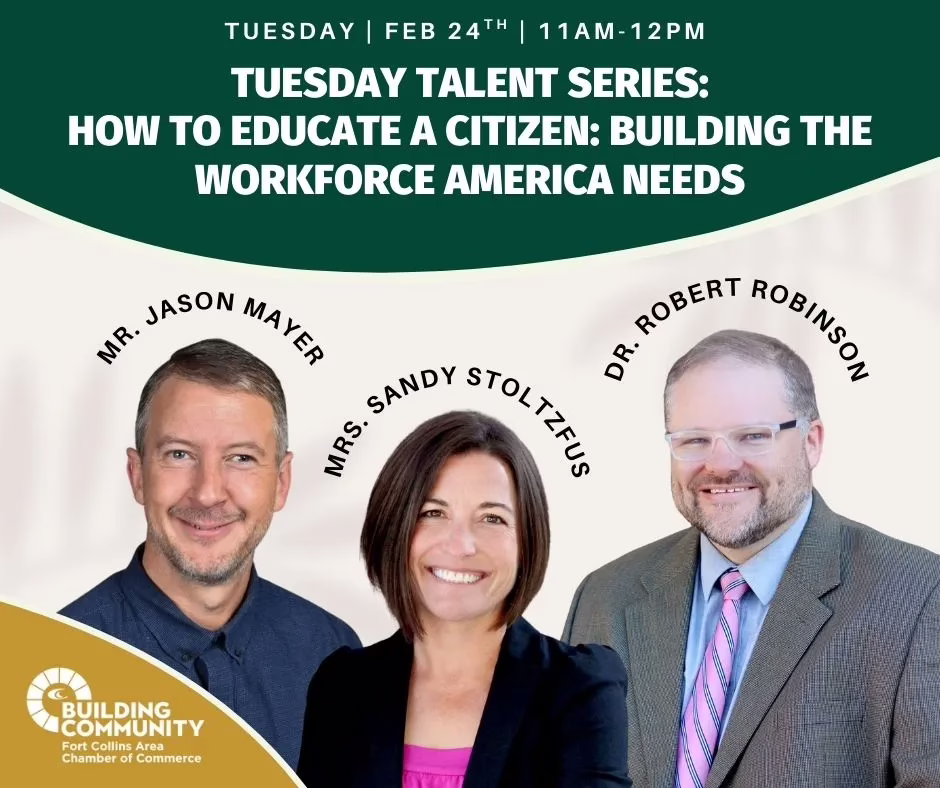 Event promo with three smiling speakers: Mr. Jason Mayer, Mrs. Sandy Stoltzfus, and Dr. Robert Robinson. Title reads “How to Educate a Citizen: Building the Workforce America Needs,” hosted by Building Community.