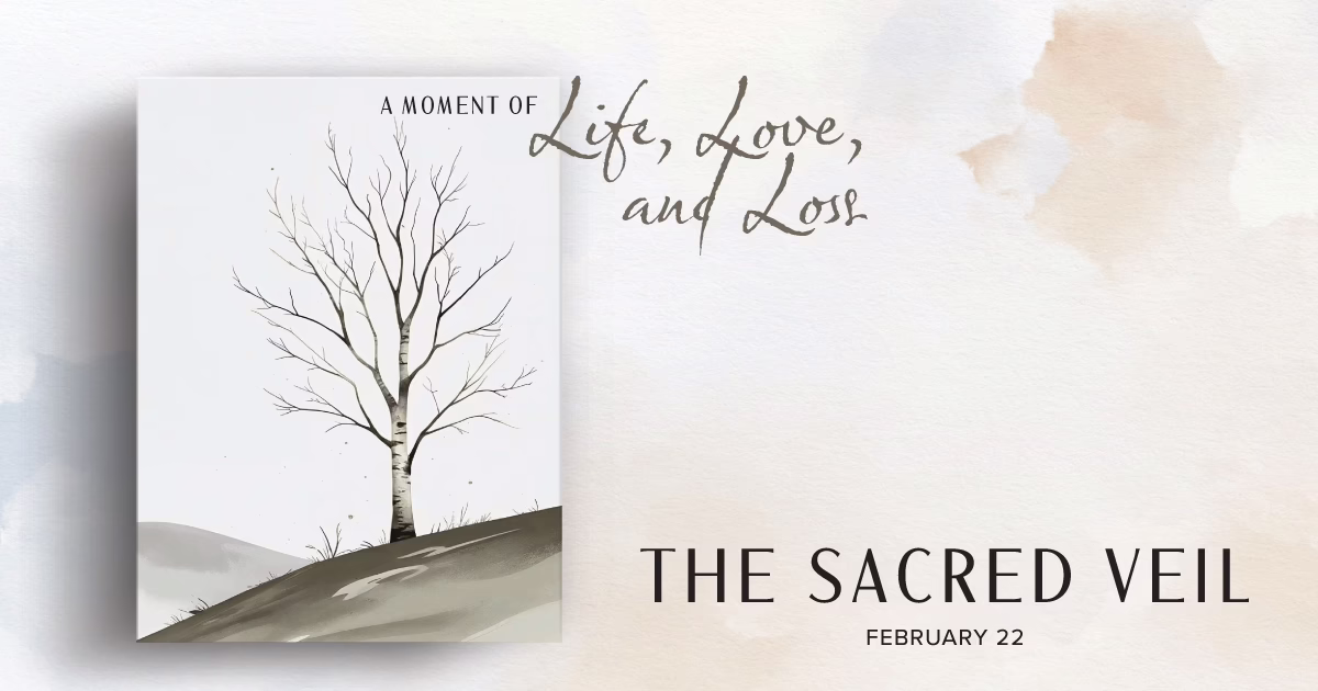 A minimal illustration of a bare tree on a gentle hill, with the text "A moment of Life, Love, and Loss." "THE SACRED VEIL" and "FEBRUARY 22" appear in bold letters on a soft pastel background.