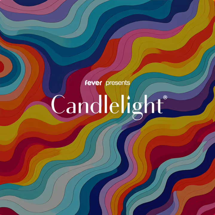 Colorful abstract waves in red, orange, yellow, blue, and purple tones with the text "fever presents Candlelight" in white elegant font at the center.