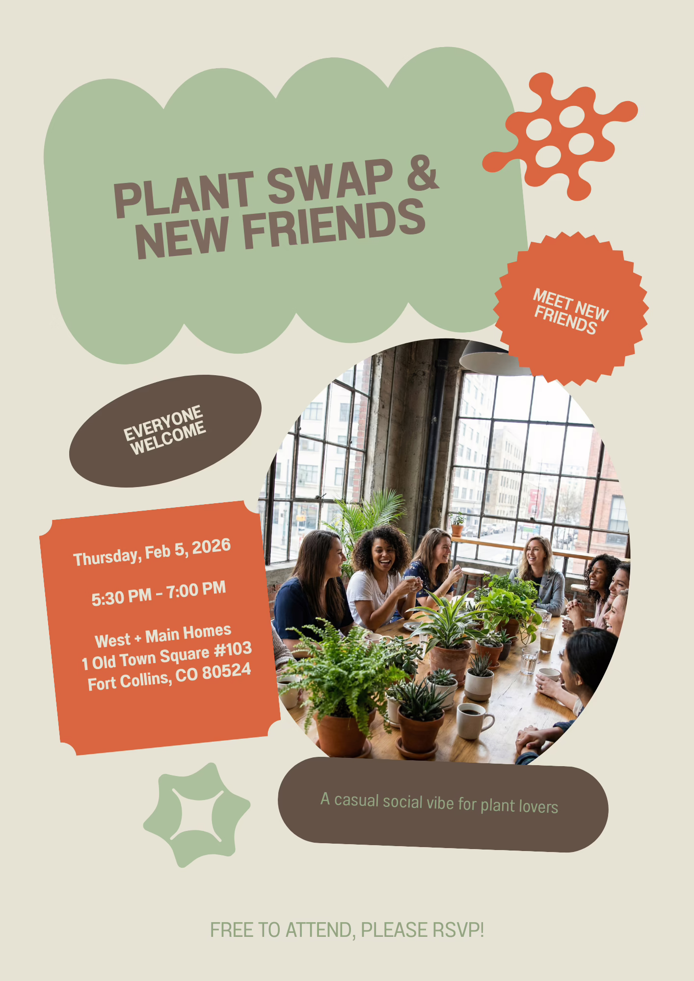 A group of people sit around a table with potted plants, smiling and talking. Text invites everyone to a plant swap event on Feb 5, 2026, in Fort Collins, CO. A casual, friendly atmosphere is highlighted.