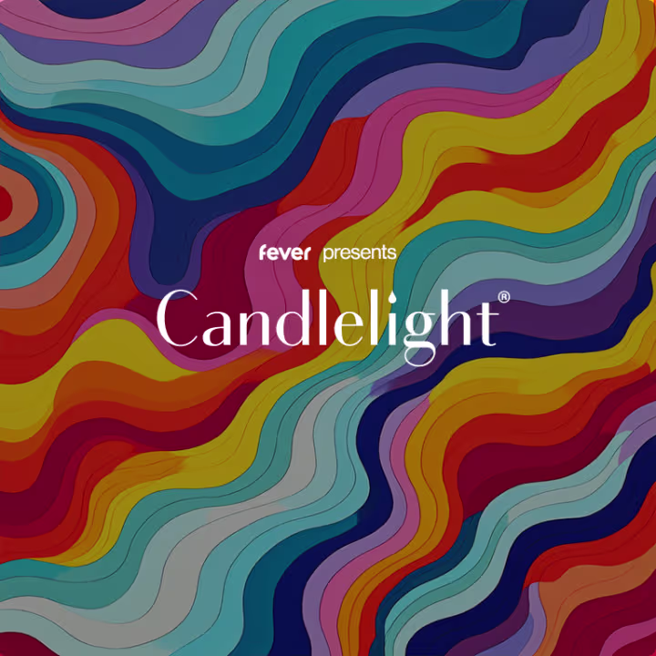 Colorful abstract wavy pattern in red, orange, yellow, teal, blue, and purple hues. The text in the center reads "fever presents Candlelight.