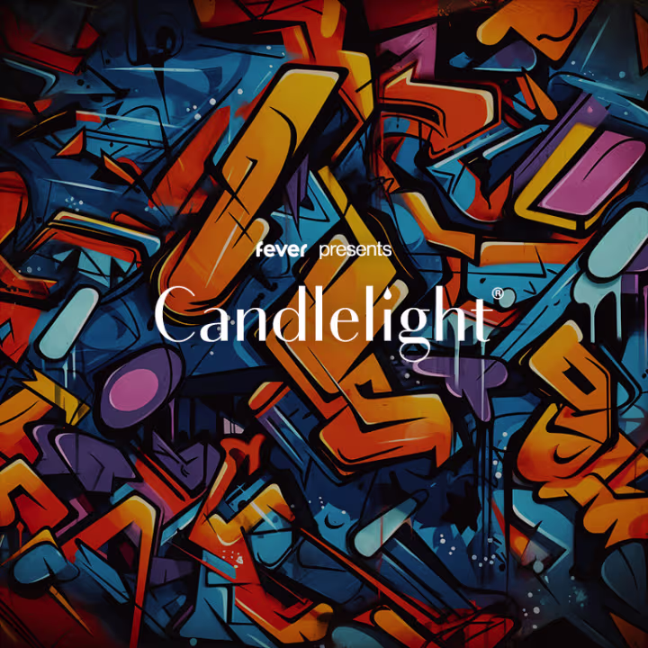 Colorful abstract graffiti art with bold orange, blue, yellow, and red shapes fills the background. White text in the center reads "fever presents Candlelight.