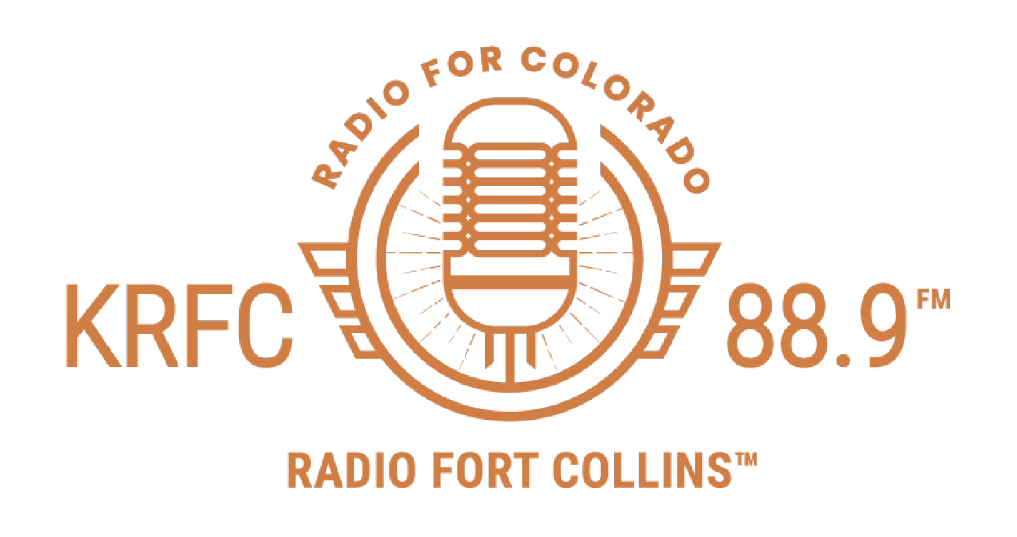 Logo for KRFC Radio Fort Collins featuring a vintage microphone in a circle with wings, the text "KRFC 88.9 FM" and "Radio For Colorado" above, and "Radio Fort Collins" below in orange.