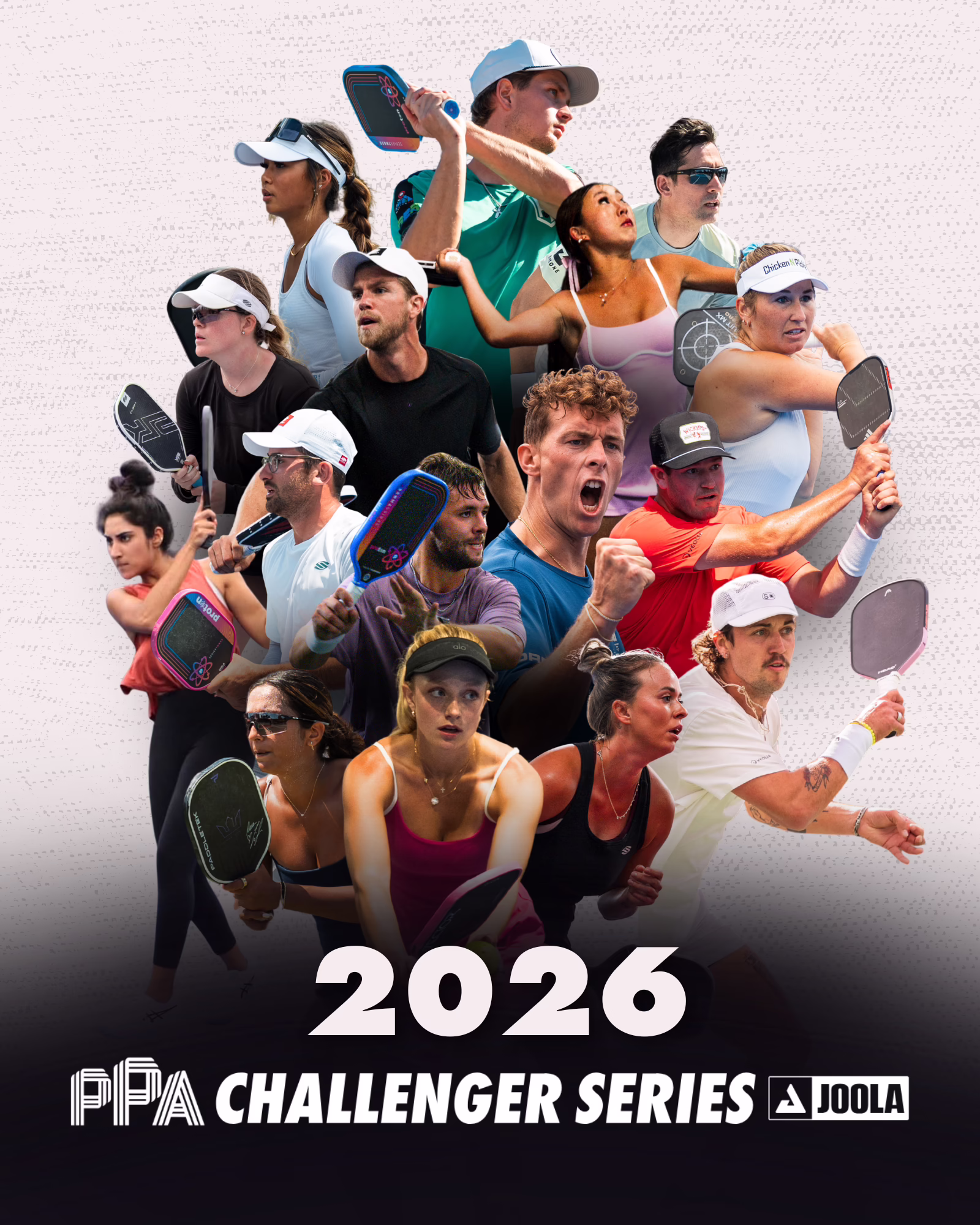 A collage of intense pickleball players in action, holding paddles and wearing athletic gear, overlaid with the text "2026 PPA Challenger Series" and the Joola logo at the bottom.