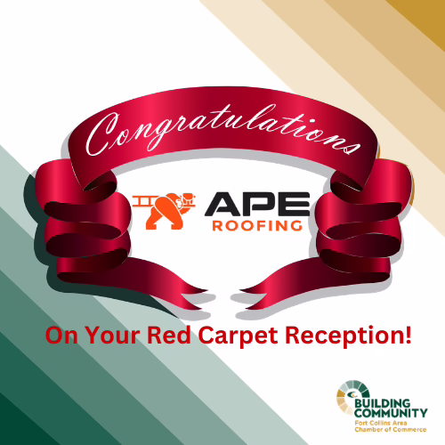 Red and gold gradient background with a red ribbon that says “Congratulations.” Below is the APE Roofing logo and the text “On Your Red Carpet Reception!” Chamber of Commerce logo is in the bottom right corner.