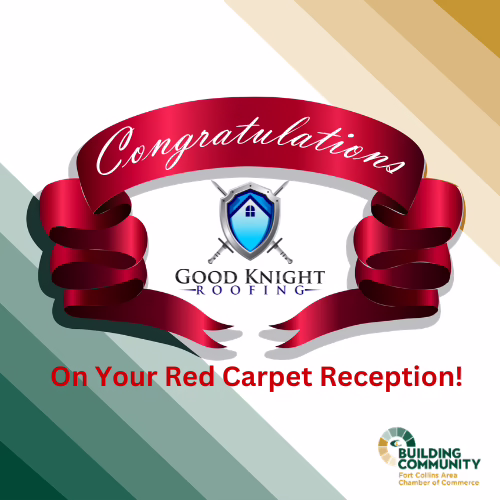 A graphic with a red ribbon that says "Congratulations" above the Good Knight Roofing logo, and text below reading "On Your Red Carpet Reception!" Chamber of Commerce logo in the bottom right corner.