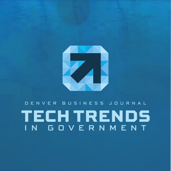 A blue geometric icon with an upward arrow above the text “Denver Business Journal Tech Trends in Government” on a blue digital background.