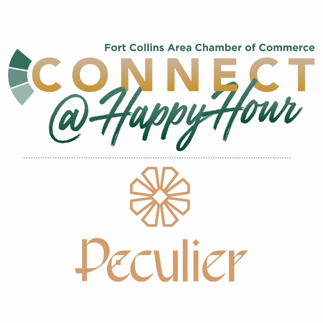 Connect @ Happy Hour event logo with Fort Collins Area Chamber of Commerce name and Peculier logo beneath.