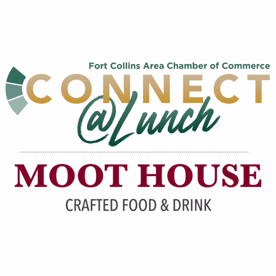 Logo for the Fort Collins Area Chamber of Commerce Connect@Lunch event, featuring Moot House Crafted Food & Drink. The design uses gold, green, and red text with a graphic element on the left.
