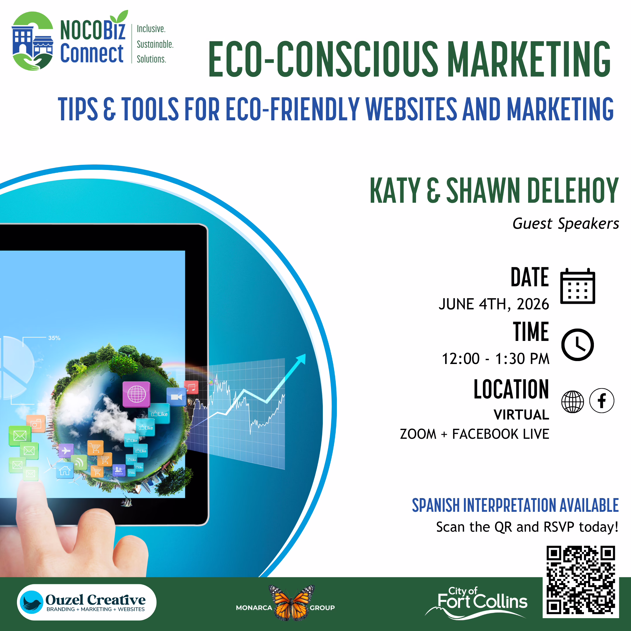 Flyer for an "Eco-Conscious Marketing" event by NocoBiz Connect, featuring guest speakers Katy & Shawn Delehoy on June 4, 2026, from 12–1:30 PM, online. Spanish interpretation available.