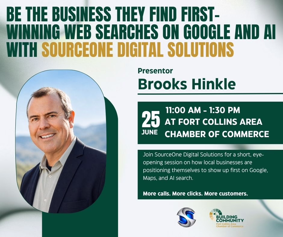 Promotional flyer for a June 25 event with presenter Brooks Hinkle about winning web searches using Google and AI. Event details, photo of Brooks smiling in a suit, Chamber of Commerce logo, and SourceOne Digital Solutions branding.