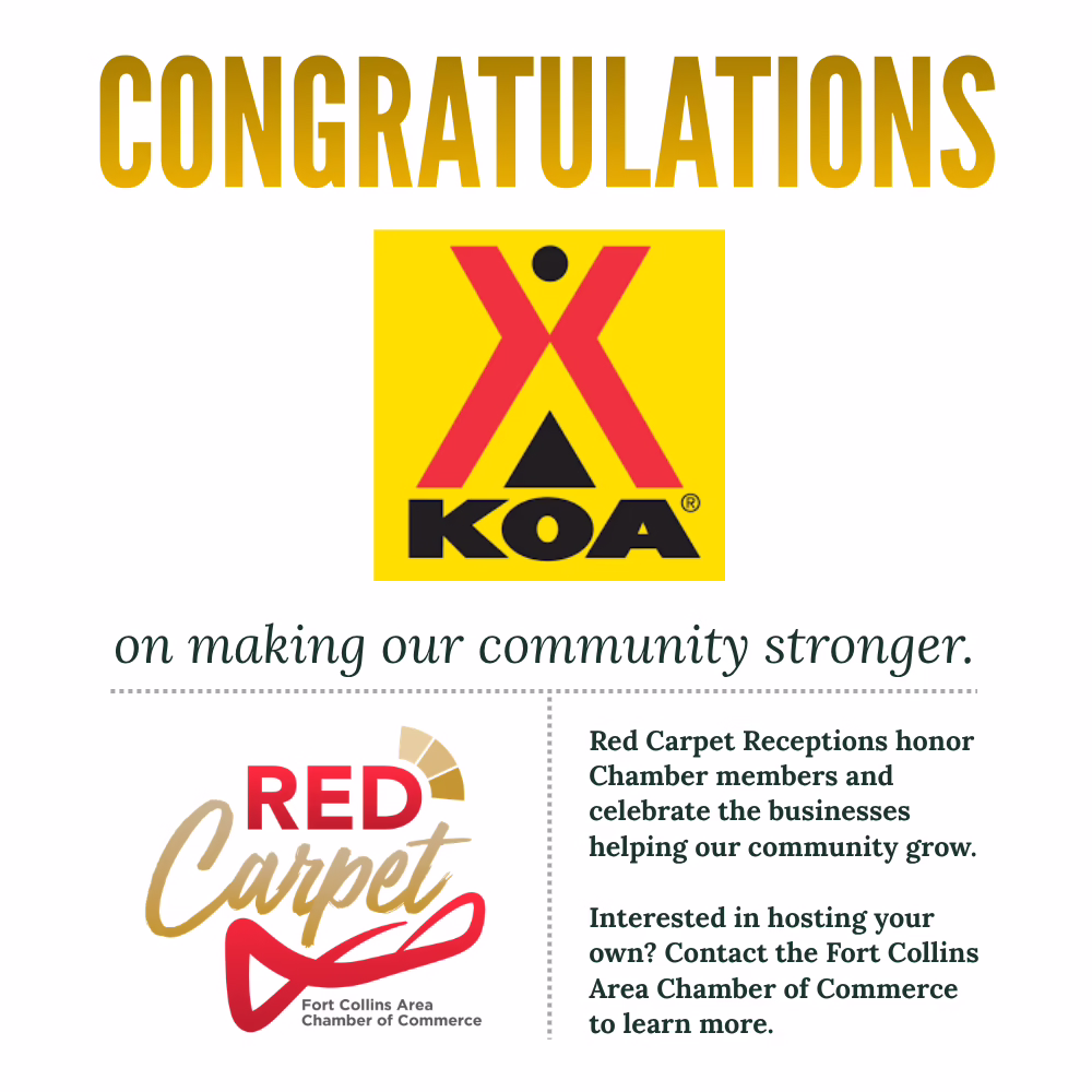 KOA logo with "Congratulations on making our community stronger" above information about Red Carpet Receptions by Fort Collins Area Chamber of Commerce.