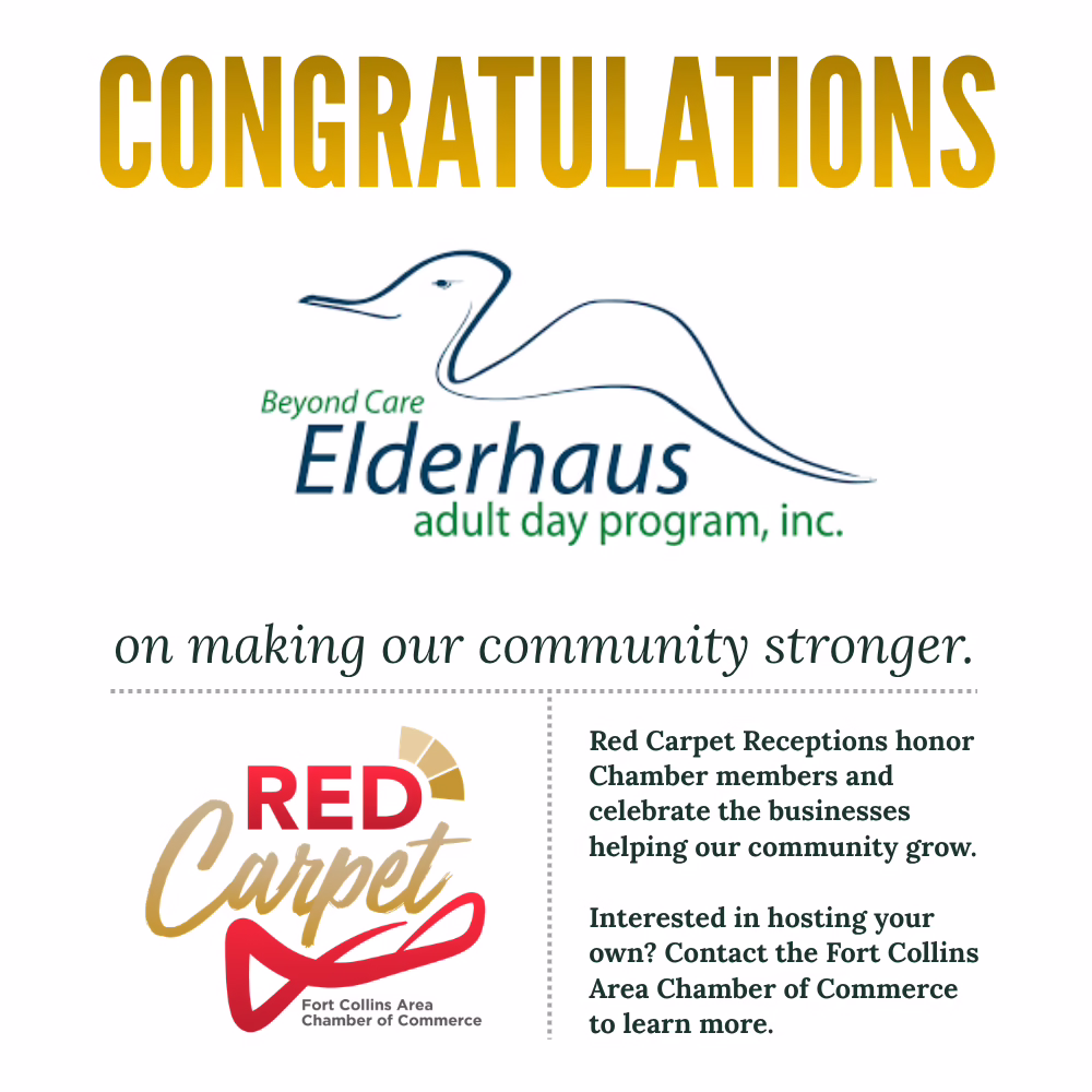 Congratulations message from the Fort Collins Area Chamber of Commerce to Beyond Care Elderhaus, with logos and info about Red Carpet Receptions honoring local businesses.