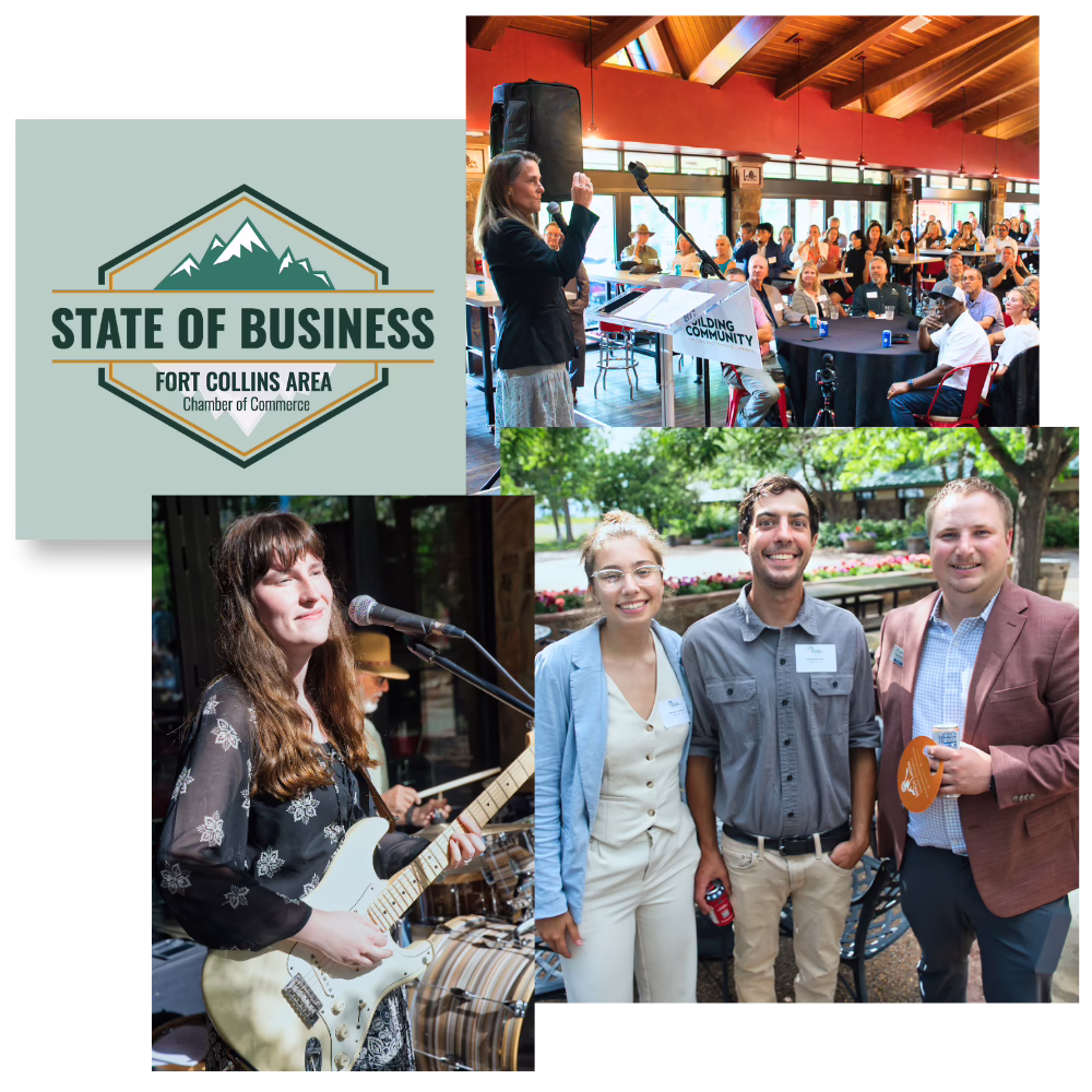A collage featuring the "State of Business Fort Collins Area Chamber of Commerce" logo, people attending a business event, a woman performing with a guitar, and three people posing and smiling outdoors.
