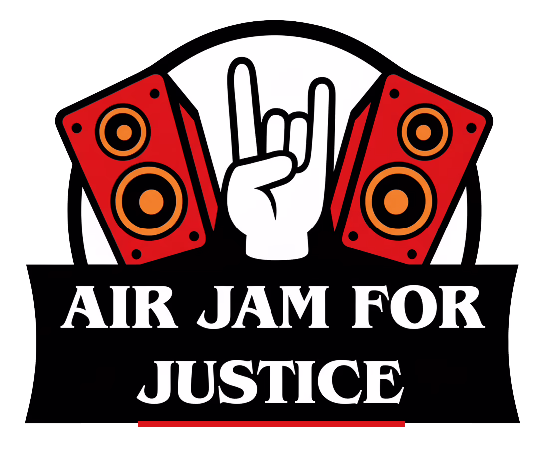 A graphic with a white hand making the rock and roll gesture between two red speakers, above the bold text "AIR JAM FOR JUSTICE" on a black background.