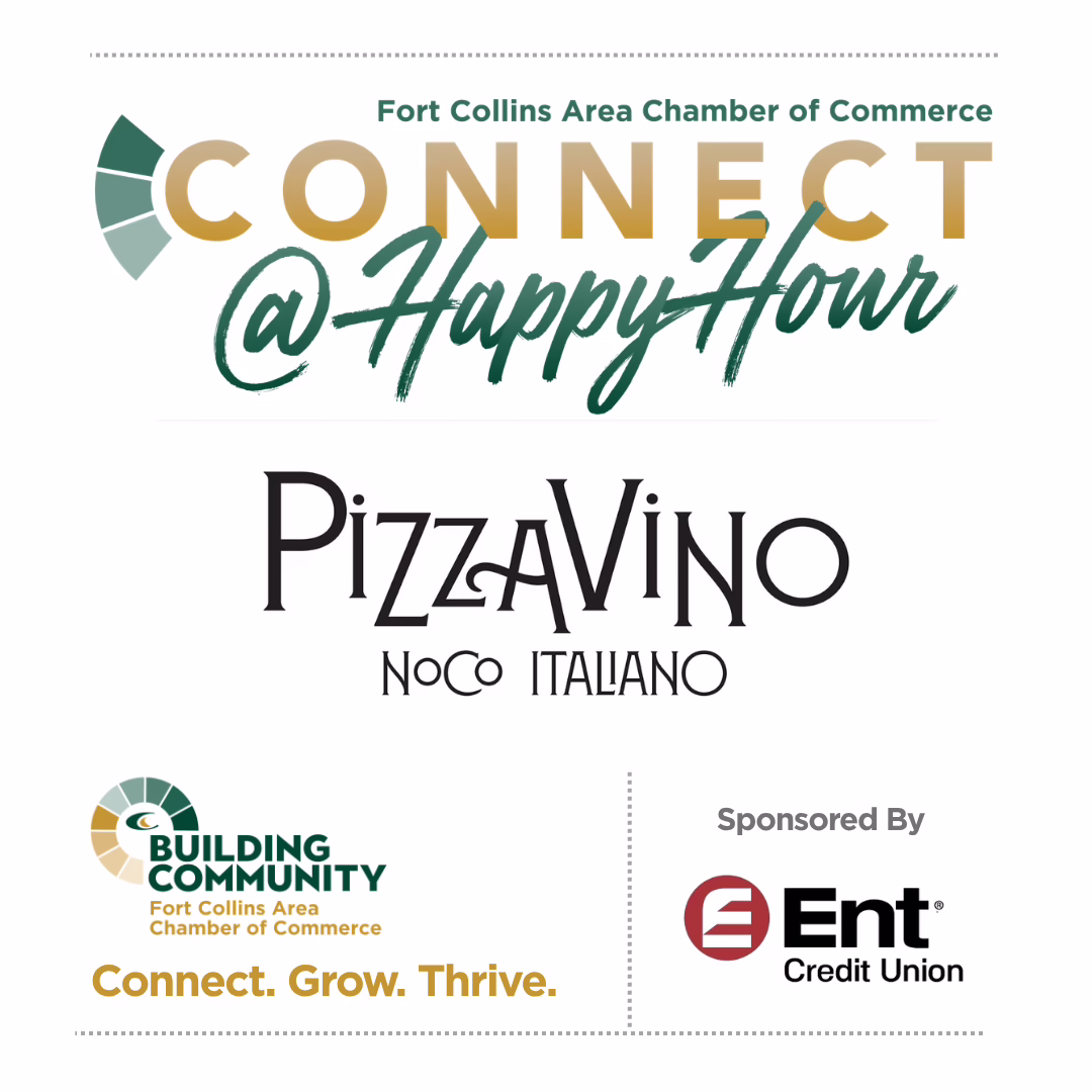 Flyer for "Connect @ Happy Hour" by Fort Collins Area Chamber of Commerce at PizzaVino NoCo Italiano, sponsored by Ent Credit Union. Includes Building Community logo and tagline: "Connect. Grow. Thrive.