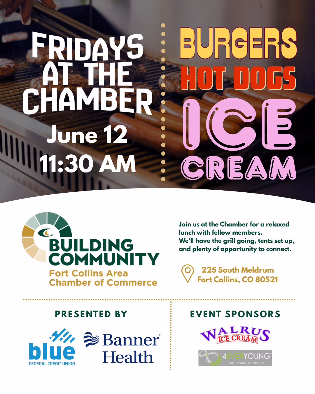 A flyer for a Fort Collins Chamber of Commerce event on June 12 at 11:30 AM, featuring burgers, hot dogs, and ice cream, with sponsor logos and event details. Grilling food is pictured in the background.