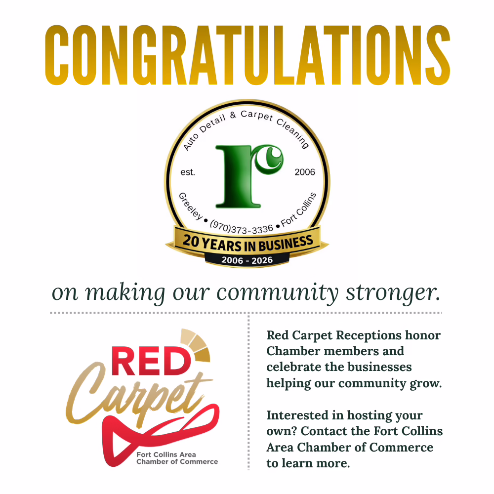 A congratulatory graphic celebrating Auto Detail & Carpet Cleaning’s 20 years in business, with a Fort Collins Chamber of Commerce Red Carpet event logo and message about strengthening the community.