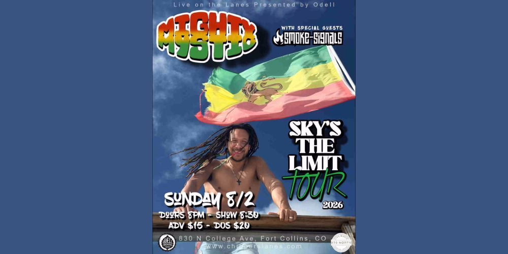 Poster for a music event featuring a smiling person with long dreadlocks, holding a Rastafarian flag. Text reads: "Catcha", "Sky's The Limit Tour 2026", with event details for Sunday 8/2 in Fort Collins, CO.