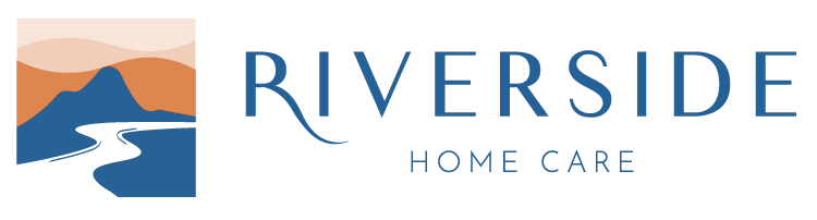 Logo for Riverside Home Care featuring a stylized illustration of a river winding through hills in blue and orange tones, with the company name "RIVERSIDE HOME CARE" in blue text on the right.