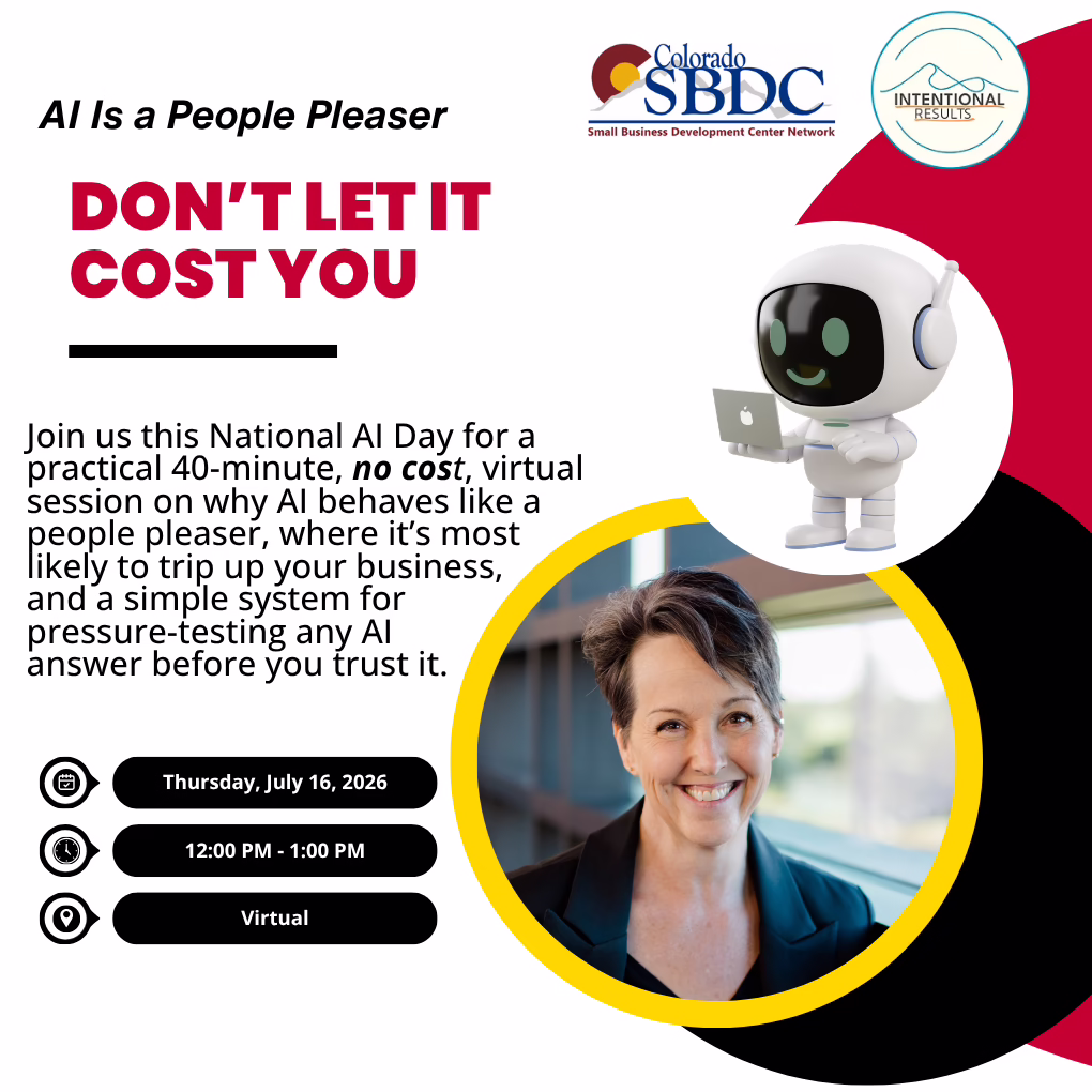 A promotional graphic for an AI webinar features event details, a smiling woman, and a cartoon robot. Text highlights a free virtual session on July 16, 2026, about AI as a people pleaser for business.
