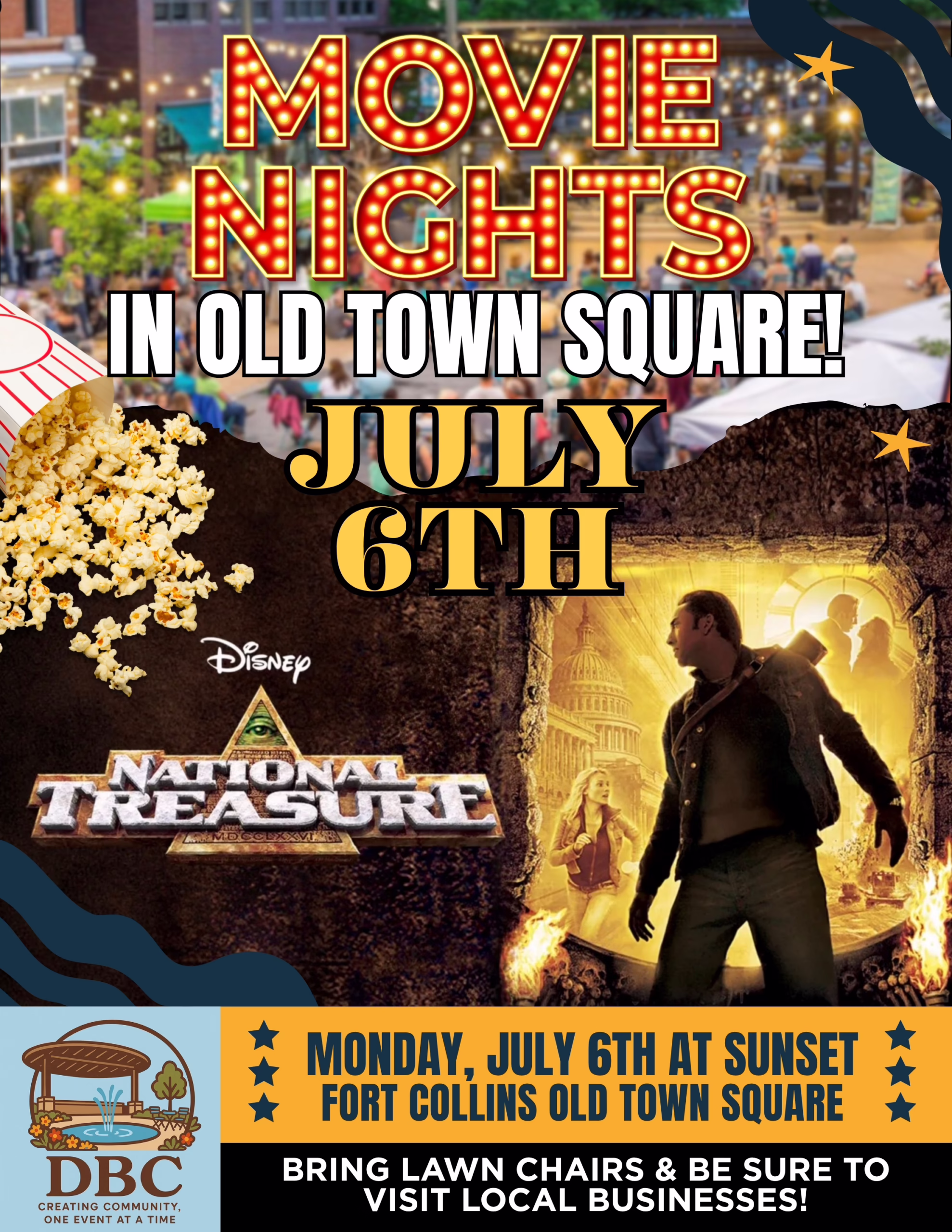 Colorful poster for "Movie Nights in Old Town Square!" featuring "National Treasure" on July 6th at sunset. Popcorn, movie scenes, and event info encourage visitors to bring chairs and support local businesses.