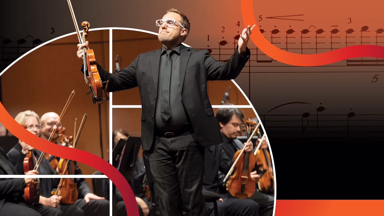 A conductor in a black suit stands on stage with arms raised, holding a violin. Orchestra members with instruments sit behind him. The image has graphic overlays of sheet music and curved red lines.