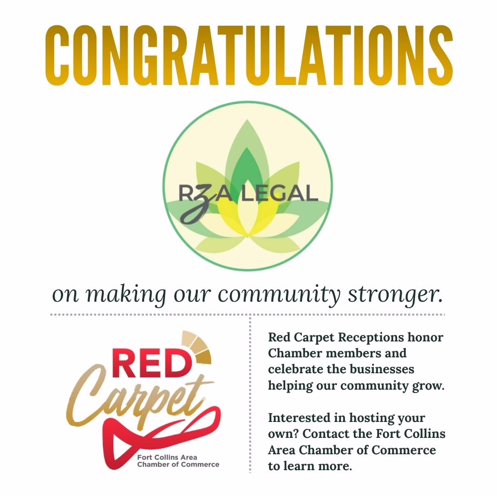 Congratulations message with the RZA Legal logo and Red Carpet Receptions text, celebrating businesses helping the community, from the Fort Collins Area Chamber of Commerce.