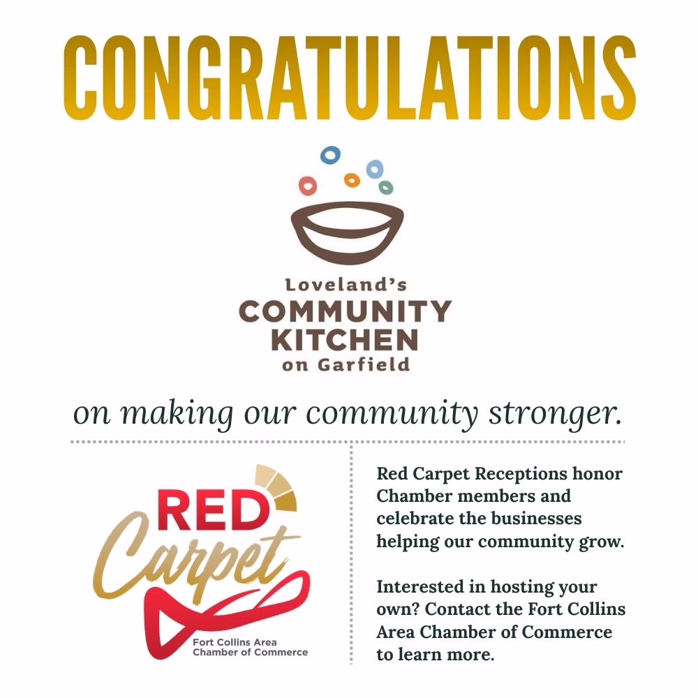 Congratulations message for Loveland’s Community Kitchen on Garfield for making the community stronger, with a logo and note about Red Carpet Receptions by the Fort Collins Area Chamber of Commerce.