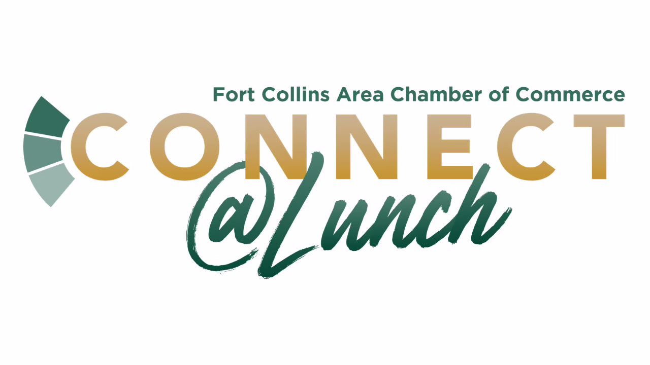 Logo for the Fort Collins Area Chamber of Commerce "Connect @ Lunch" program. The text "CONNECT" is in large gold letters next to a green fan icon, with "@Lunch" in a dark green script font below it.