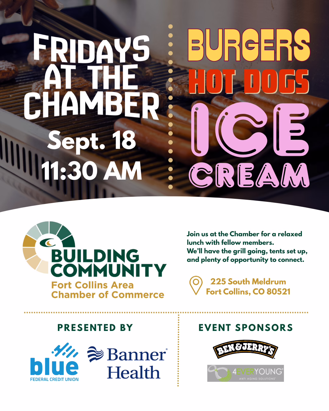 Flyer for "Fridays at the Chamber" on Sept. 18 at 11:30 AM, featuring burgers, hot dogs, and ice cream. Hosted by Fort Collins Area Chamber of Commerce, with sponsors listed at the bottom.