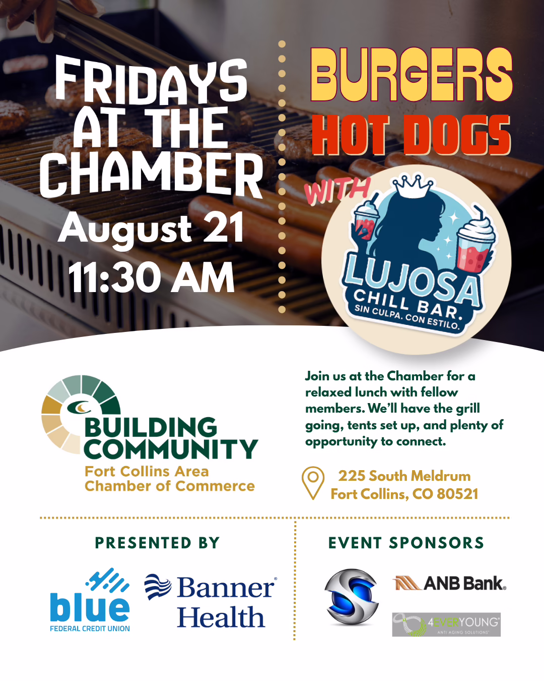 A flyer for “Fridays at the Chamber” on August 21 at 11:30 AM invites members for burgers and hot dogs at the Fort Collins Chamber of Commerce, featuring sponsors and a relaxed networking setting.