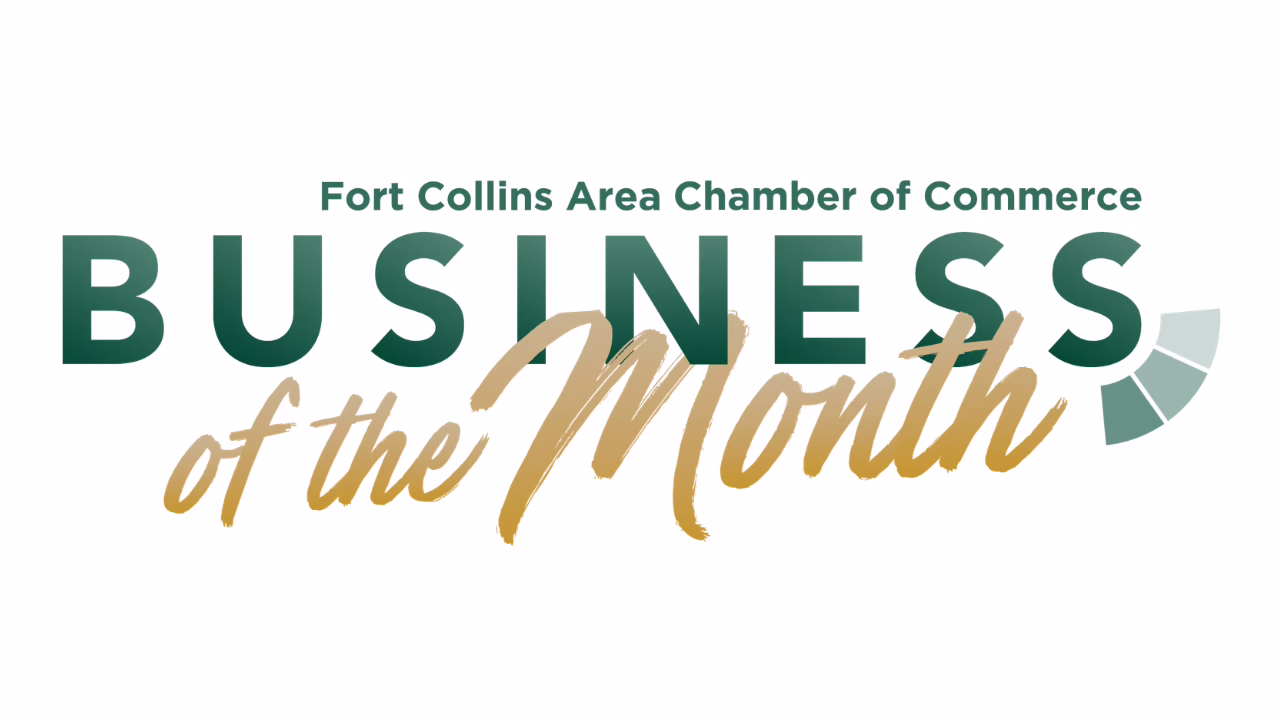 Fort Collins Area Chamber of Commerce Business of the Month logo with green and gold text and a partial fan-shaped graphic on the right.