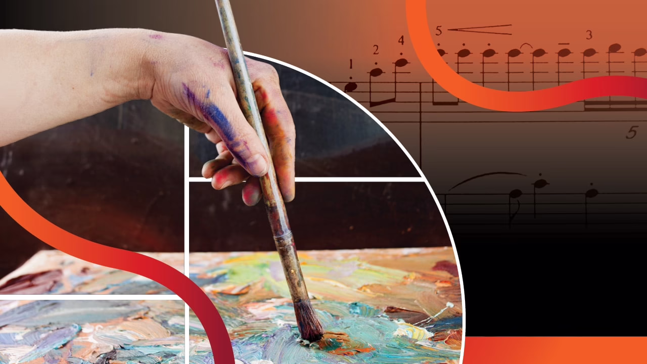 A hand holding a paintbrush mixes colorful paint on a palette, with abstract shapes and musical notes in the background.